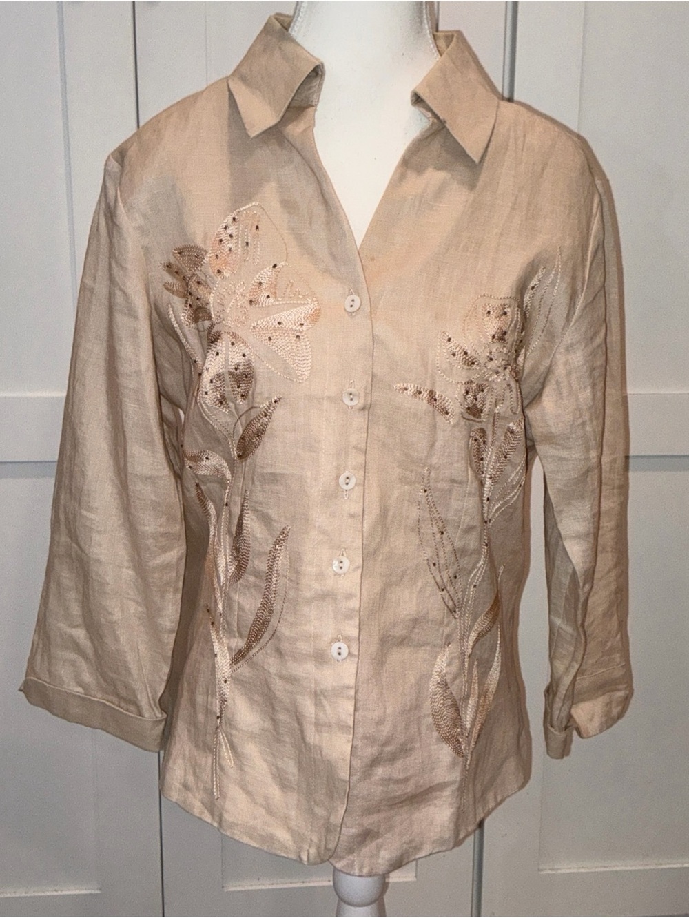 Y2K Carole Little linen button shirt Sz L edge floral embroidered classic